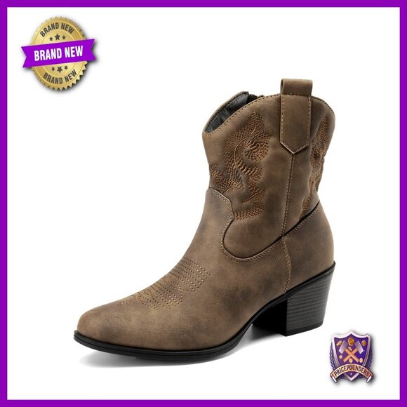 Shoes - Western Cowgirl Ankle Boots Embroidered Chunky Heel Round Toe Fashion Booties